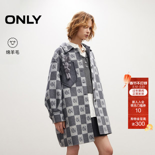 ONLY2025冬季新款宽松落肩棋盘格翻领羊毛混纺廓形毛呢大衣外套女