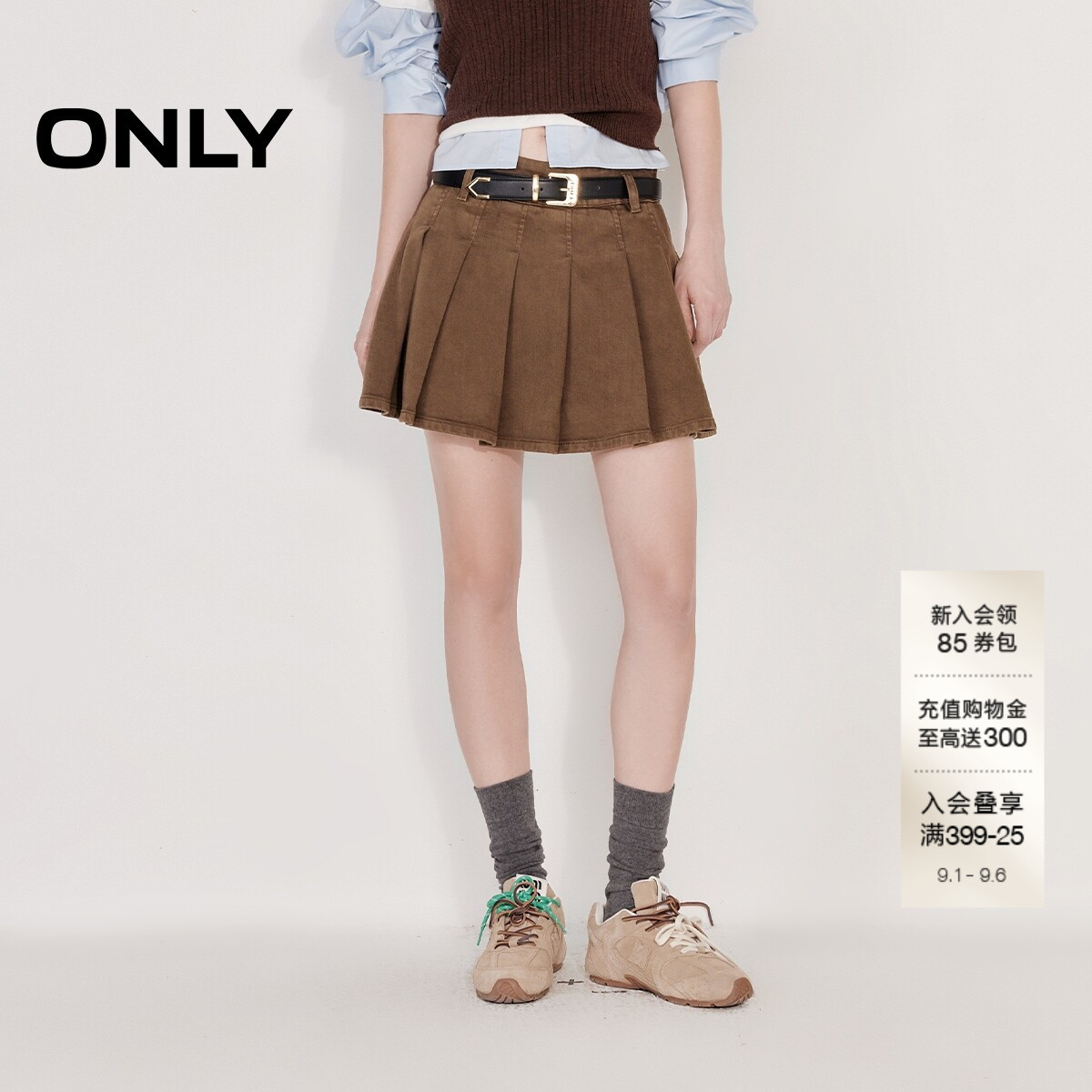 ONLYA字百褶裙短裙牛仔半身裙