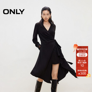 ONLY2026春季新款长袖V字翻领不规则下摆设计小黑裙中裙连衣裙女