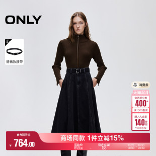 ONLY2025秋季 复古水洗通勤中长裙撞色针织拼接牛仔连衣裙女 新款