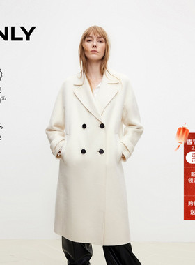 ONLY冬季双面呢绵羊毛桑蚕丝双排扣宽松直筒中长款毛呢大衣外套女