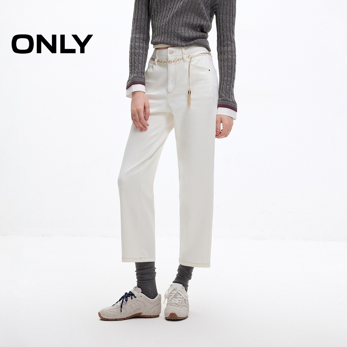 ONLY夏季时尚百搭窄版显瘦小个子直筒裤九分白色牛仔裤女