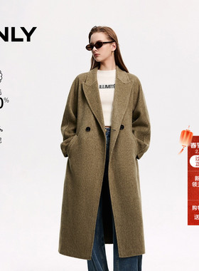 ONLY2025冬季新款双面呢100%绵羊毛两粒扣门襟翻领长款毛呢大衣女