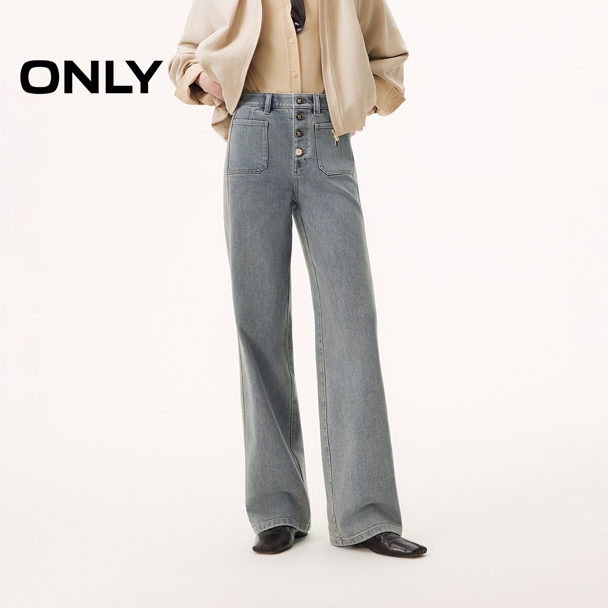 ONLY2026春季新款复古经典门襟四粒扣设计显瘦高腰直筒裤牛仔