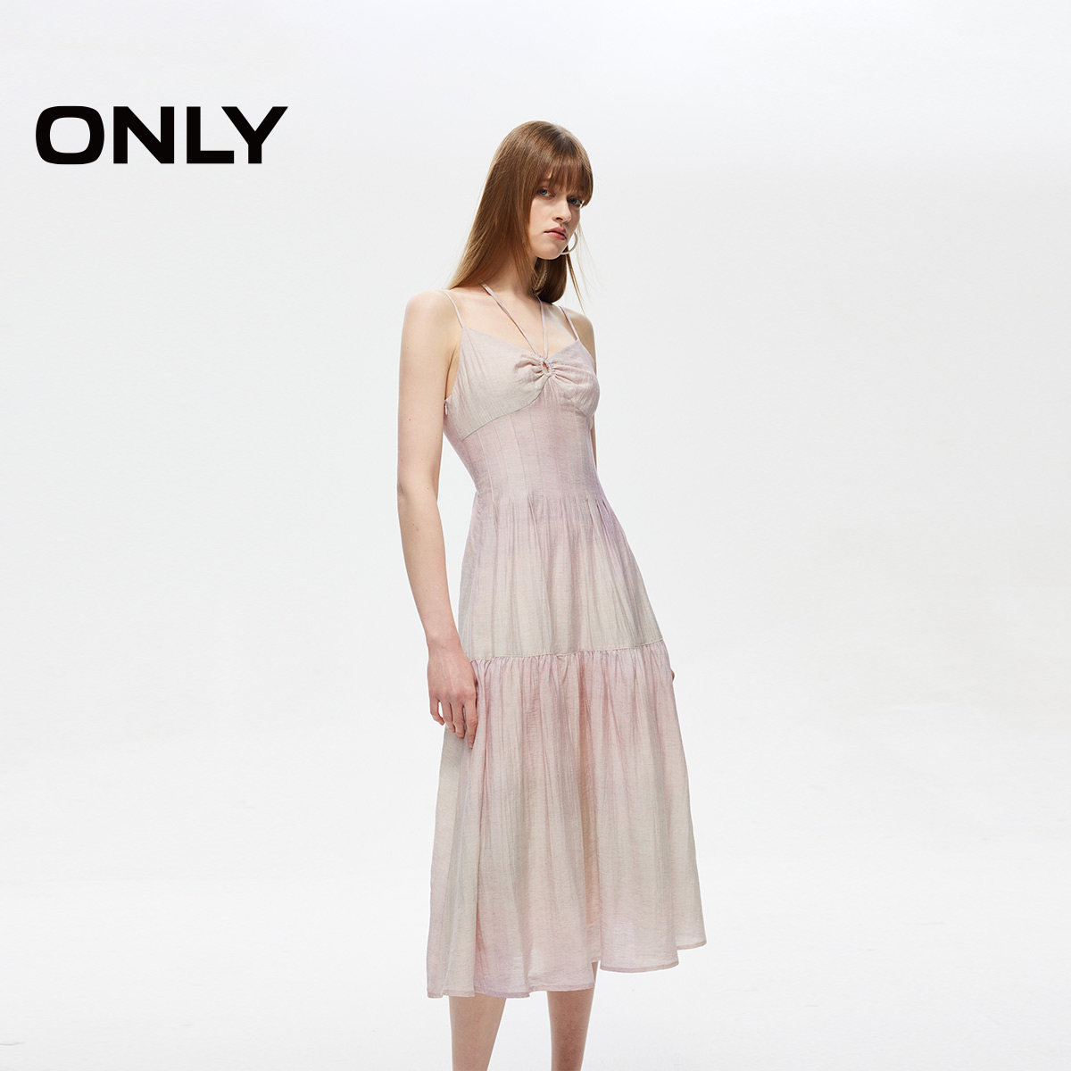 【油画裙】ONLY夏季轻薄飘逸亚麻度假风碎花裙子挂脖系带连衣裙女