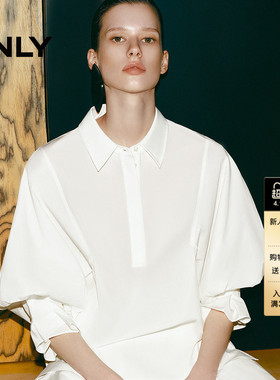 ONLY2026夏季新款优雅气质翻领白色喇叭袖五分袖半开襟衬衫上衣女