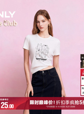 【宠物派对】ONLY26夏季新款猫咪印花圆领短袖短款白色上衣T恤女