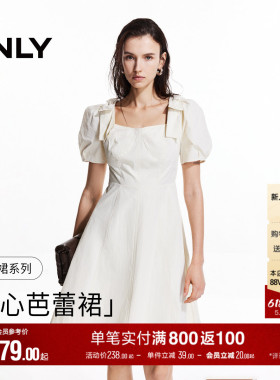 ONLY夏季复古蝴蝶结裙子白色高腰泡泡袖A字裙短裙连衣裙女