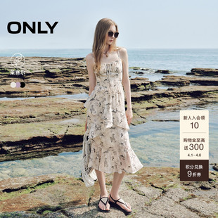 ONLY2026夏季 波嬉度假风碎花仙荷叶边收腰裙子吊带长裙连衣裙 新款
