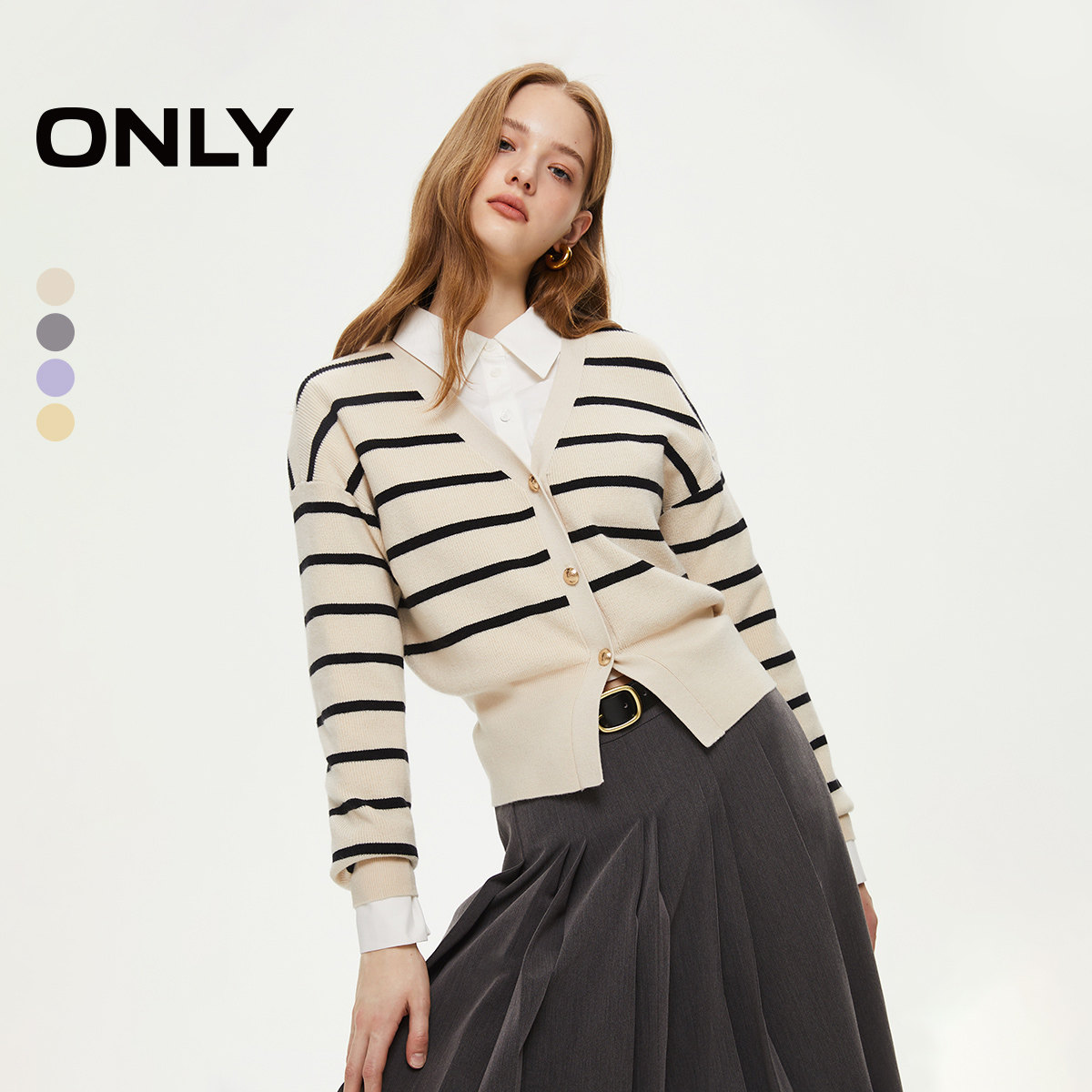 ONLY春季软糯亲肤条纹长袖落肩袖V领短开衫针织衫上衣女