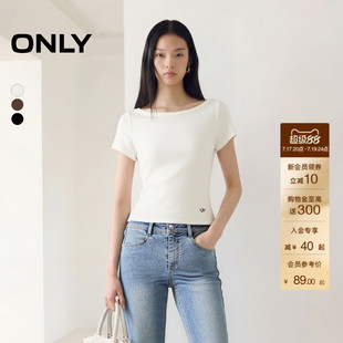 ONLY2026秋季新款围裹式一字领上衣金属装饰修身螺纹短袖T恤女