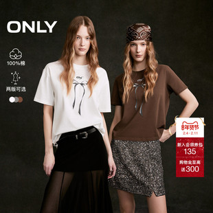 ONLY2026春季新款纯棉甜美立体重工刺绣蝴蝶结印花正肩短款T恤女