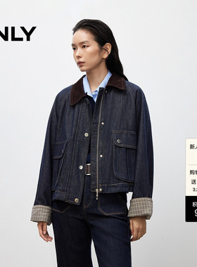 ONLY春季工装风大口袋撞色条绒翻领宽松插肩牛仔外套女