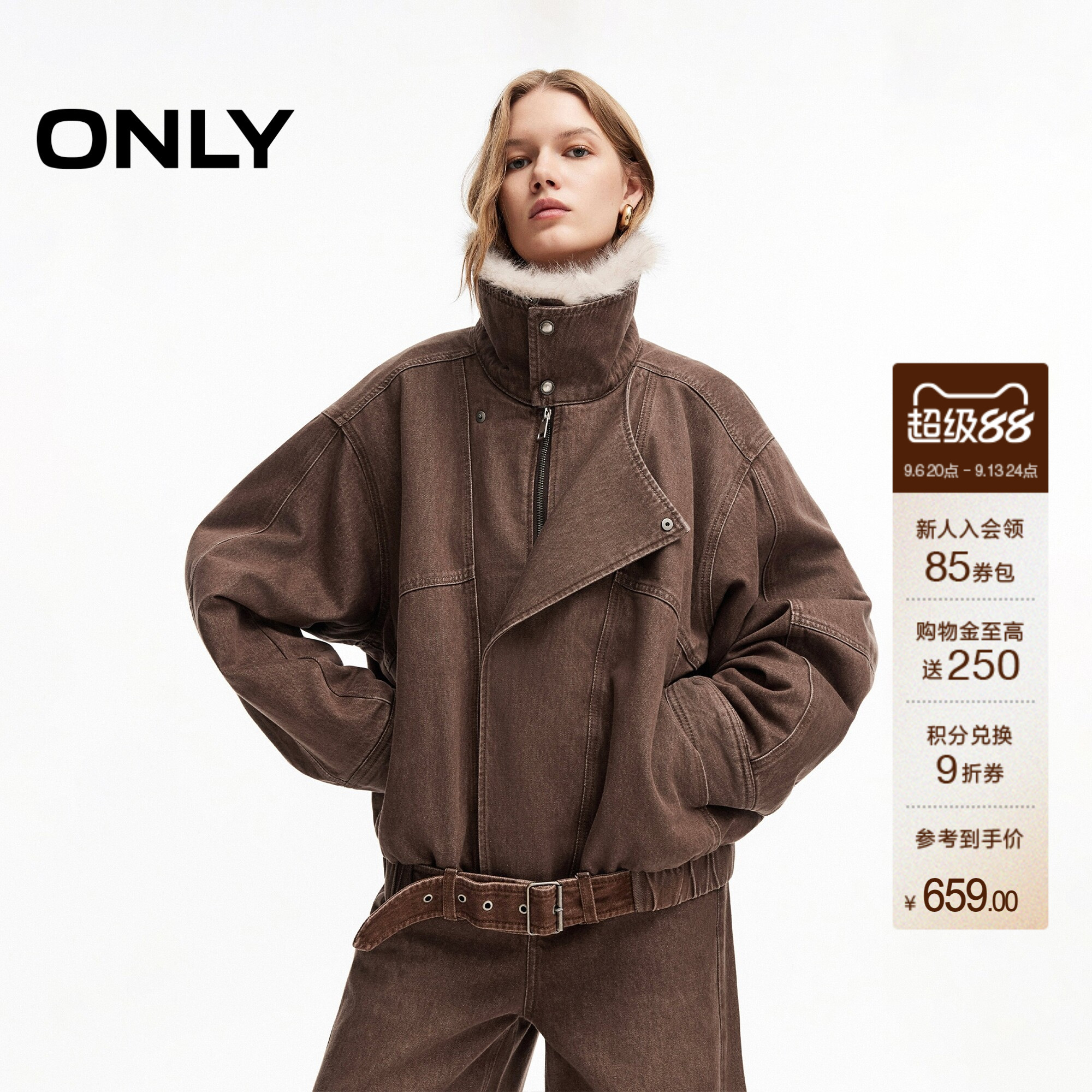 ONLY可拆卸保暖毛领夹棉牛仔外套图片