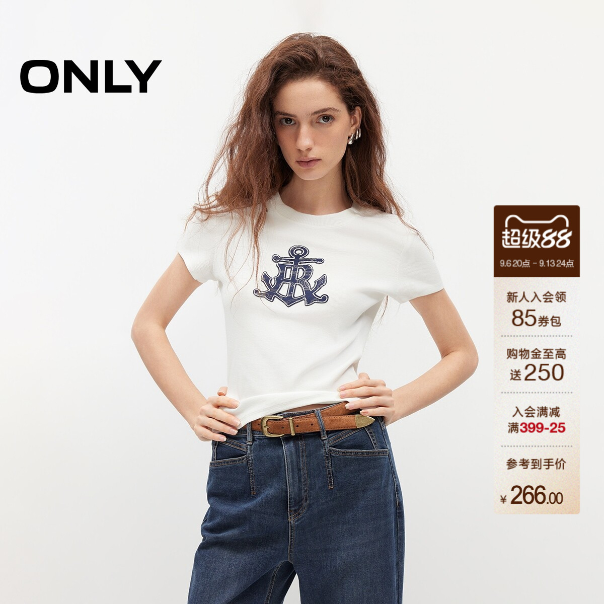 ONLY复古航海风印花修身正肩T恤图片
