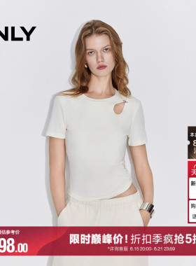 ONLY2026夏季新款圆领镂空弹力舒适收腰短款上衣白色黑色T恤女