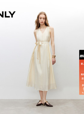 ONLY夏季莱赛尔淡人挂脖V领A字系带收腰裙子长裙连衣裙女