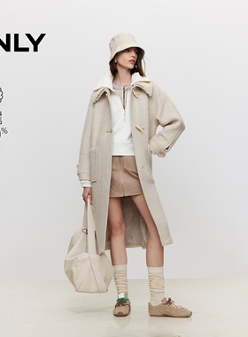 ONLY气质翻领泰迪毛牛角扣长款羊毛纯色毛呢大衣女|12336U011