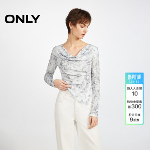 ONLY2026春季 露肤荡领开衩植物印花侧腰弹力褶皱上衣T恤女 新款