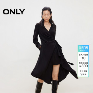 V字翻领裙子不规则下摆小黑裙中裙连衣裙女 长袖 ONLY2026春季 新款