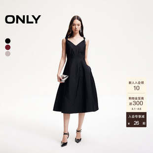 ONLY2026夏季 中长裙收腰裙子伞裙V领吊带裙黑色小礼服连衣裙 新款
