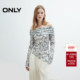 新款 性感一字肩个性 晕染印花长袖 ONLY2026春季 弹力捏褶修身 T恤女