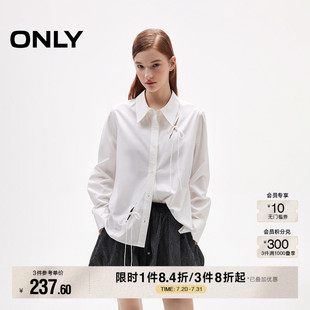女 ONLY2025夏季 新款 淡人甜美蝴蝶结纯色正肩直筒显瘦翻领长袖 衬衫