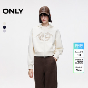 连帽卫衣上衣女 短款 ONLY春季 双开拉链宽松落肩刺绣图案开衫