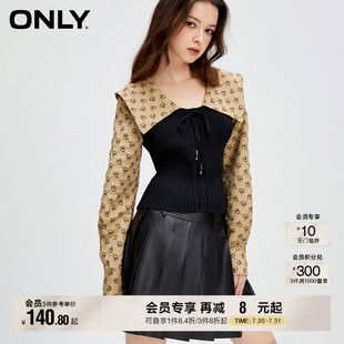 女 ONLY夏季 气质甜美学院撞色拼接V字显瘦大翻领长袖 短款 雪纺衫