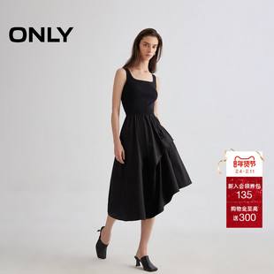ONLY2025夏季新款法式方领舒适亲肤拼接不规则黑色中长款连衣裙女