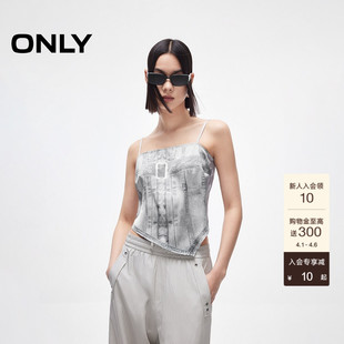 ONLY夏季 吊带上衣女 牛仔印花不规则下摆可调节肩带设计短款