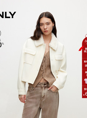 ONLY冬季100%绵羊毛纯色短款毛领毛呢大衣女|12434T004