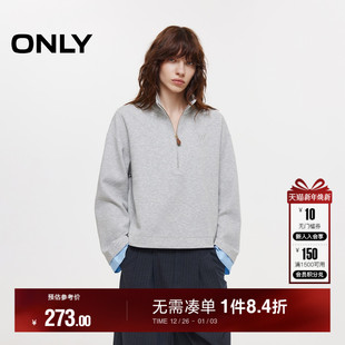 ONLY2025冬季 慵懒松弛假两件层次拼接宽松落肩半拉链卫衣女 新款