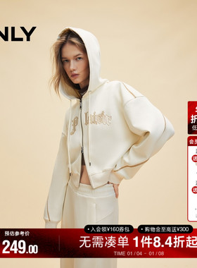 ONLY冬季时尚字母印花宽松连帽短款开衫卫衣女|12439R016