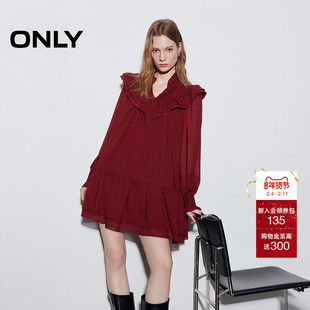 ONLY2026春季新款约会飘带层叠荷叶边垂顺A字红色短裙连衣裙女