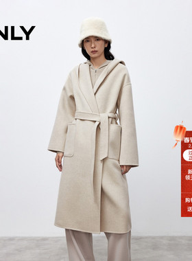 ONLY2025冬季新款系带山羊绒棉羊毛双面呢连帽中长款毛呢大衣外套