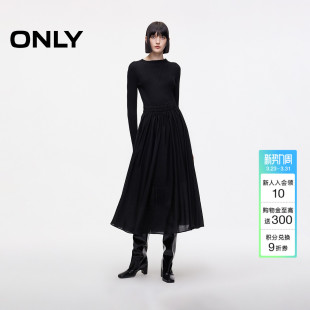 ONLY2026春季 腰部弹力抽褶高腰纯色裙子针织拼接长裙连衣裙女 新款