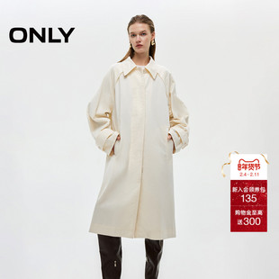 ONLY2025冬季新款纯色翻领双层隐形门襟插肩宽松中长款风衣外套女