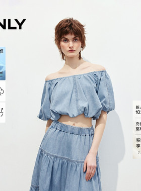 ONLY夏季上衣轻薄透气网纱内里松紧领口短牛仔上衣T恤女