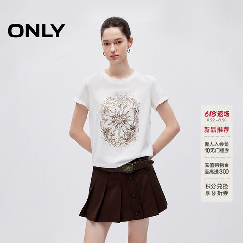 ONLY圆领时髦印花卷边袖口T恤女