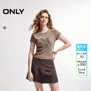 ONLY夏季 美拉德系甜美上衣T恤女 蝴蝶结收腰辣妹正肩短袖