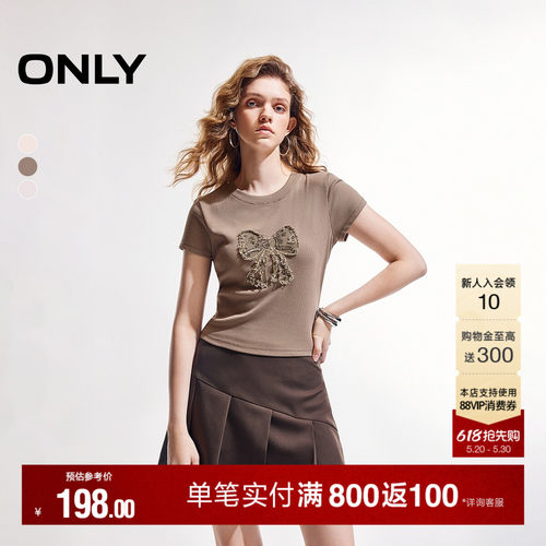 ONLY甜美蝴蝶结修身正肩短袖T恤