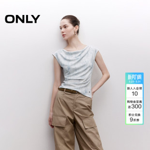 饰荡领上衣T恤女 浪漫花卉印花斜裁下摆金属装 ONLY2026春季 新款