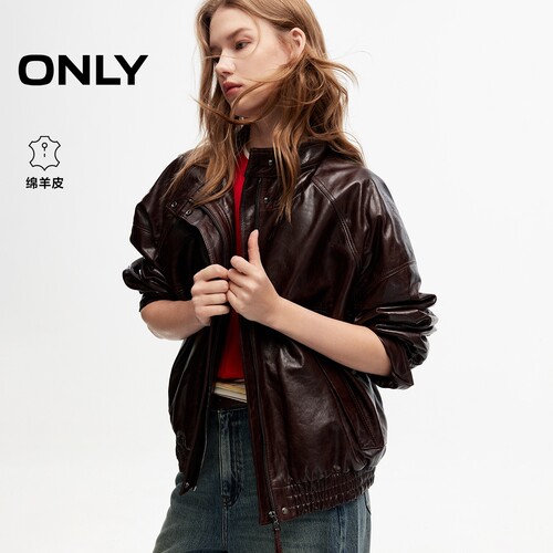 ONLY质感真皮挺阔立领皮衣外套女
