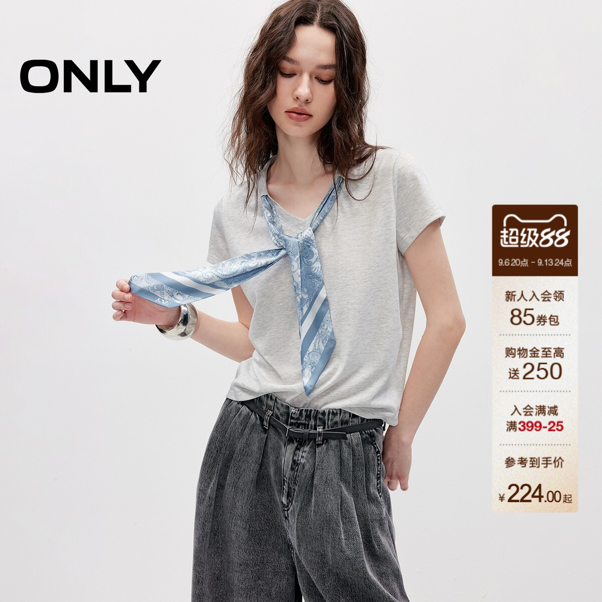 ONLY优雅短袖飘带正肩短袖T恤图片