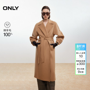 毛呢大衣外套女 100%绵羊毛双面呢翻领后开叉长款 ONLY2025冬季 新款