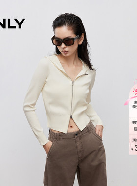 ONLY春季修身显瘦连帽双向拉链设计短款开衫长袖针织衫女