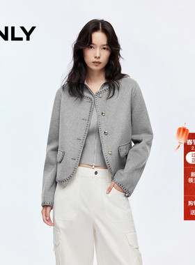 ONLY2025冬季新款双面呢含绵羊毛保暖小香风正肩短款毛呢大衣女