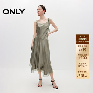 ONLY2026夏季新款无袖长款光泽缎面裙子不规则蕾丝吊带连衣裙女