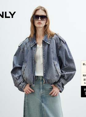 ONLY春季个性做旧水洗落肩长袖宽松口袋翻领牛仔外套女